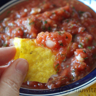 fingers holding a chip with fresh salsa on it