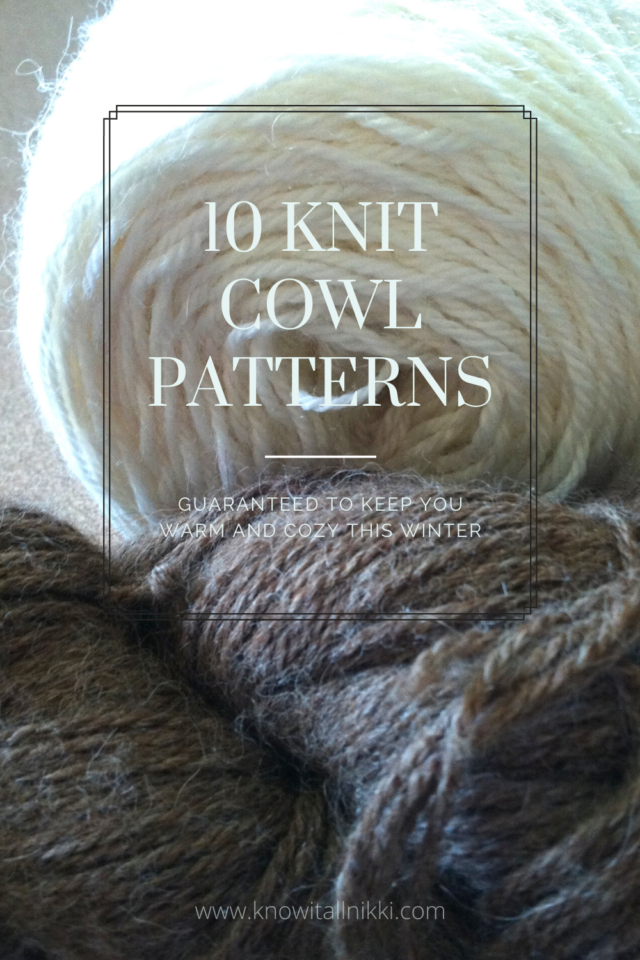 image of white and gray yarn on neutral background with text 10 knit cowl patterns.