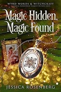 paranormal women's fiction book cover with multi-colored background of books featuring a picture frame with a woman and child and a locket that's floating