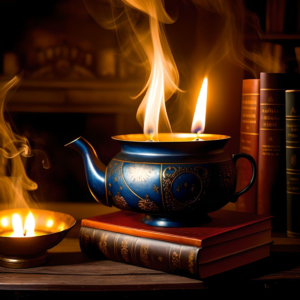 dimly lit room with a vintage tea cup surrounded by books and soft glow of candles background for paranormal women's fiction